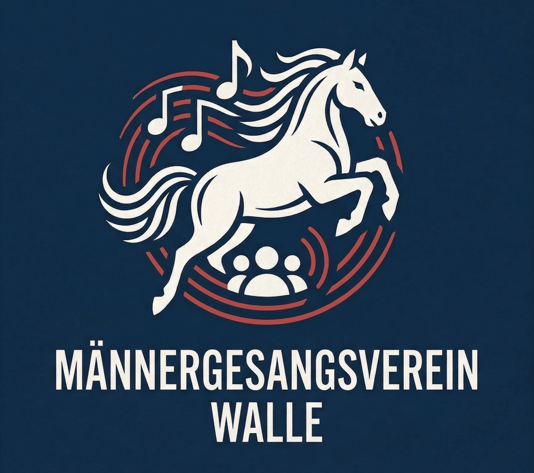 Logo des Männergesangsverein, welches die Verbundenheit zu Niedersachsen  und die Musik durch das Pferd sowie die Musiknoten und -Linien widerspiegelt.