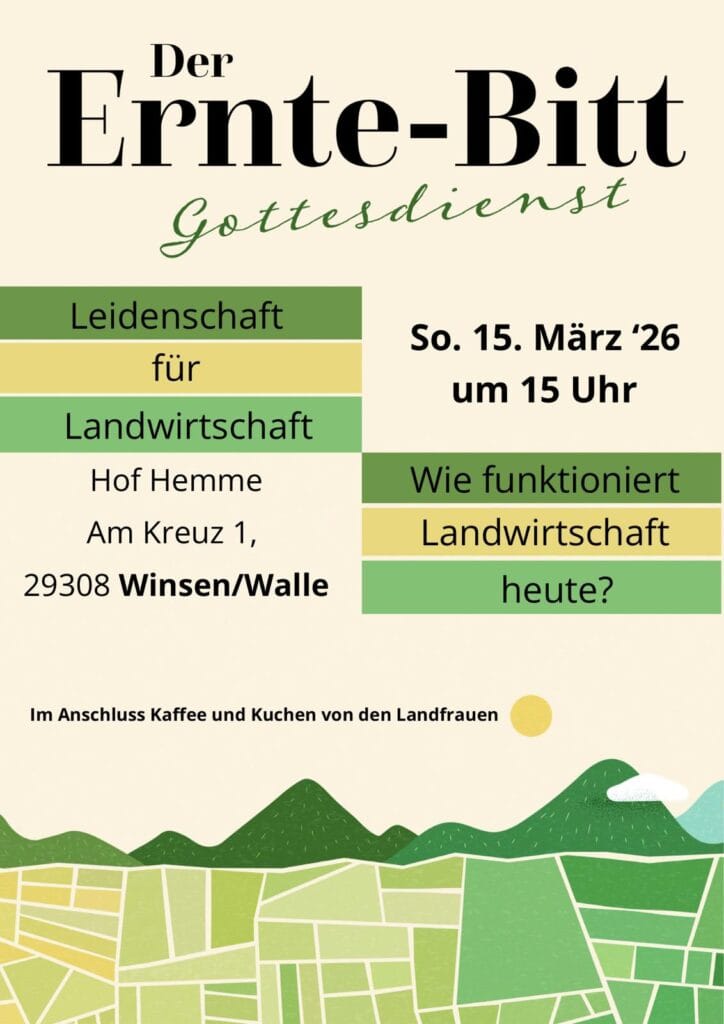 Plakat zur Einladung zum Ernte-Bitt Gottesdienst. Auf dem Bild sind Felder und weitere grünliche Gestaltungselemente zu sehen.